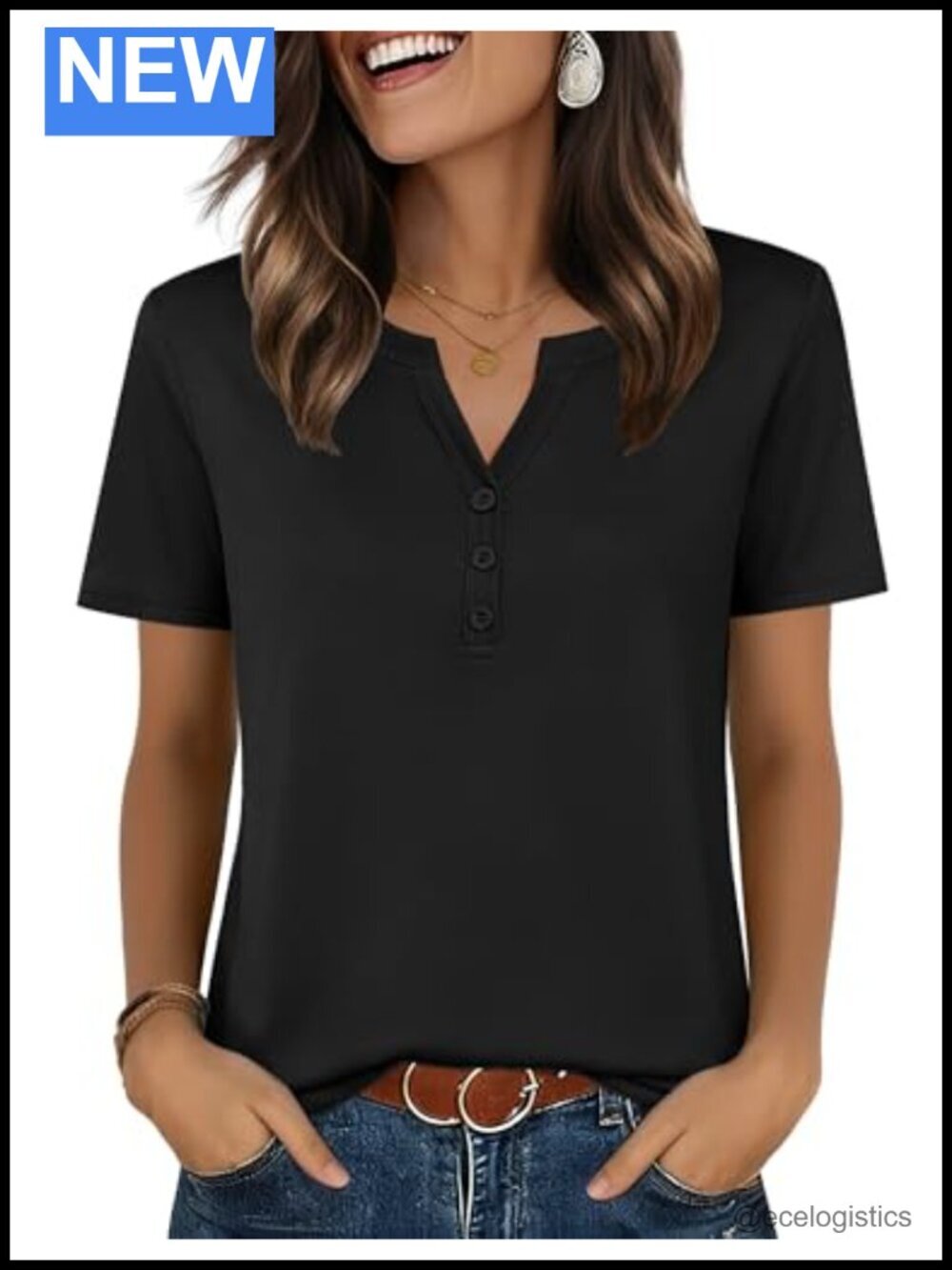 Dressy Casual Short Sleeve Henley Blouse with Button Detail